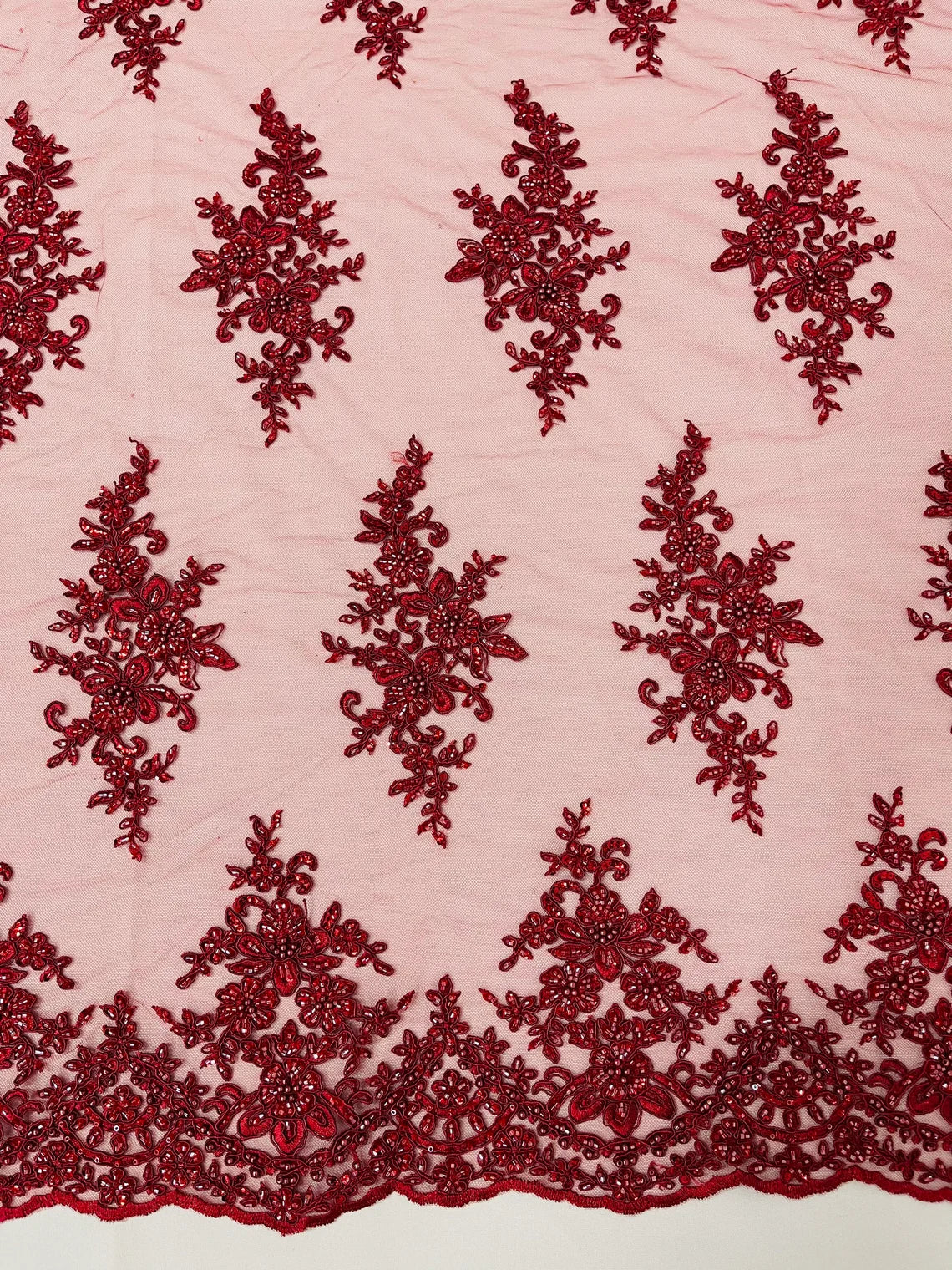 Beaded Shiny Floral Cluster - Burgundy - Embroidered Luxury Floral Design by Yard