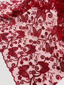 Butterfly Swirl Lace Fabric - Burgundy - Metallic Sequins Design on Lace Fabric By Yard