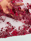 3D Flower Sequins Design - Burgundy - Embroidered Pearl Sequins Floral Clusters Lace Fabric By Yard