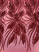Wavy Leaf Sequins Fabric - Burgundy - Wavy Lines and Leaves Design on Lace Mesh Fabric by Yard