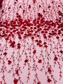 3D Flower Glitter Fabric - Burgundy - Flower Design on Glitter Mesh Fabric Sold By Yard