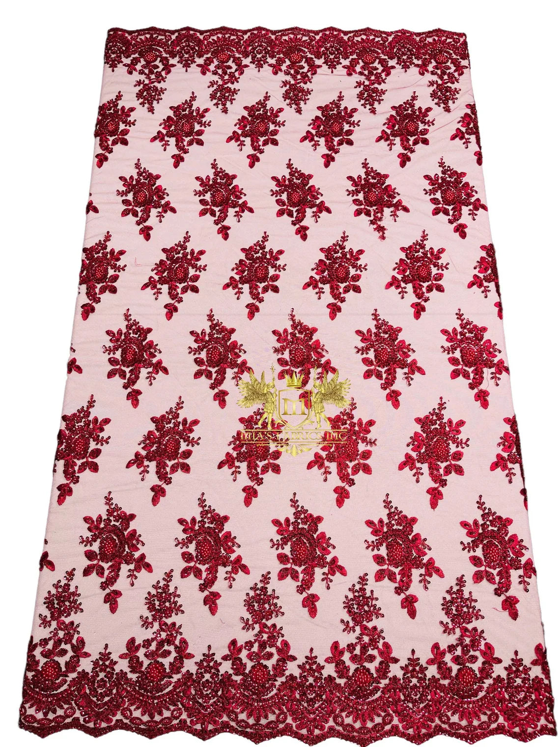 Floral Beaded Fabric - Burgundy - Embroidered Beaded Flowers Cluster Design on a Mesh Sold By Yard