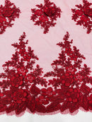 Corded Floral 3D Fabric - Burgundy - Embroidered Floral Design on Lace Mesh Fabric by Yard
