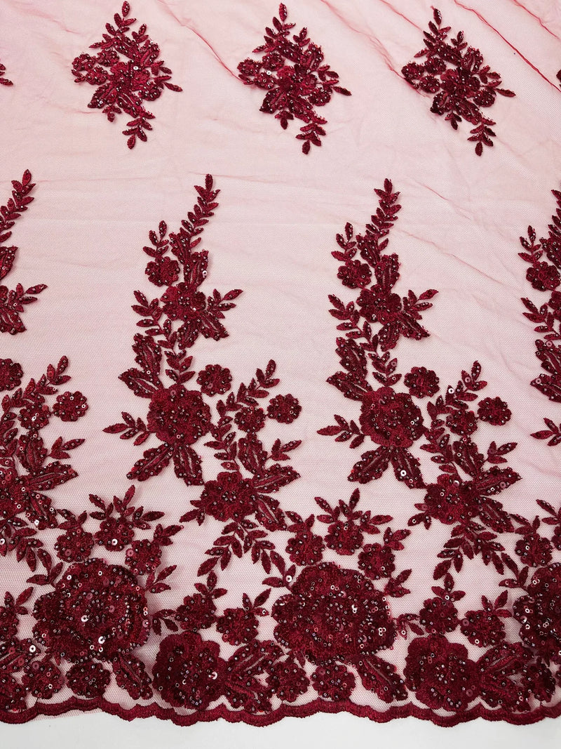 Beaded Rose Flower Fabric - Burgundy - Embroidered Beaded Long Border Floral Fabric By Yard