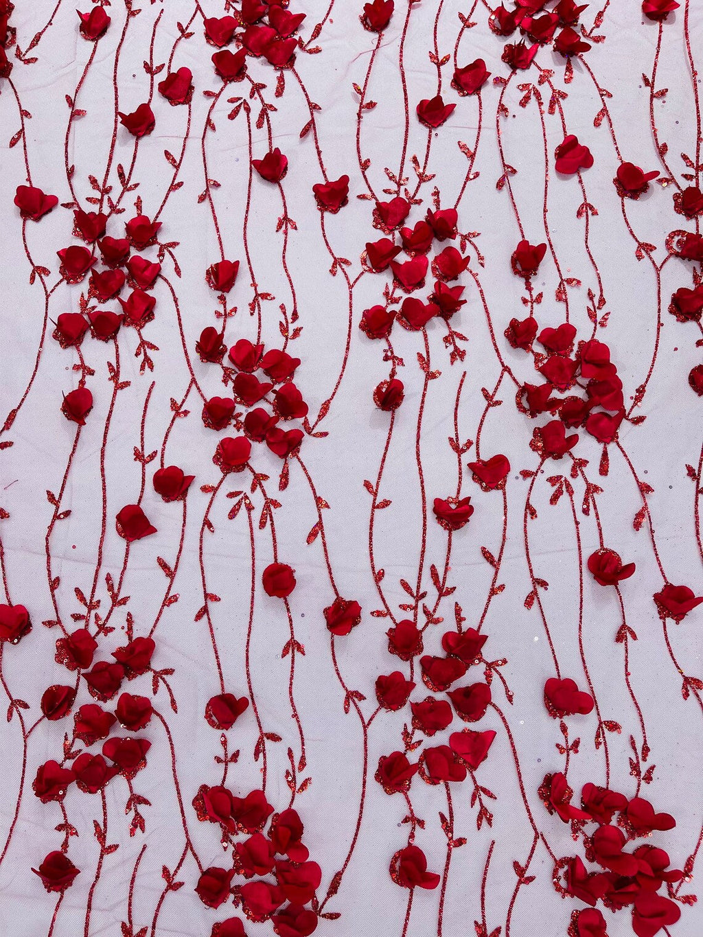 3D Glitter Floral Fabric - Burgundy - 3D Flowers with Sequins and Glitter on Mesh Sold By Yard