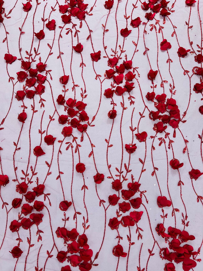 3D Glitter Floral Fabric - Burgundy - 3D Flowers with Sequins and Glitter on Mesh Sold By Yard