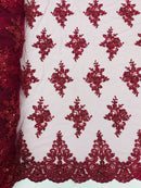 Beaded Floral Fabric - Burgundy - Floral Cluster Design Fabric with Damask Border by Yard