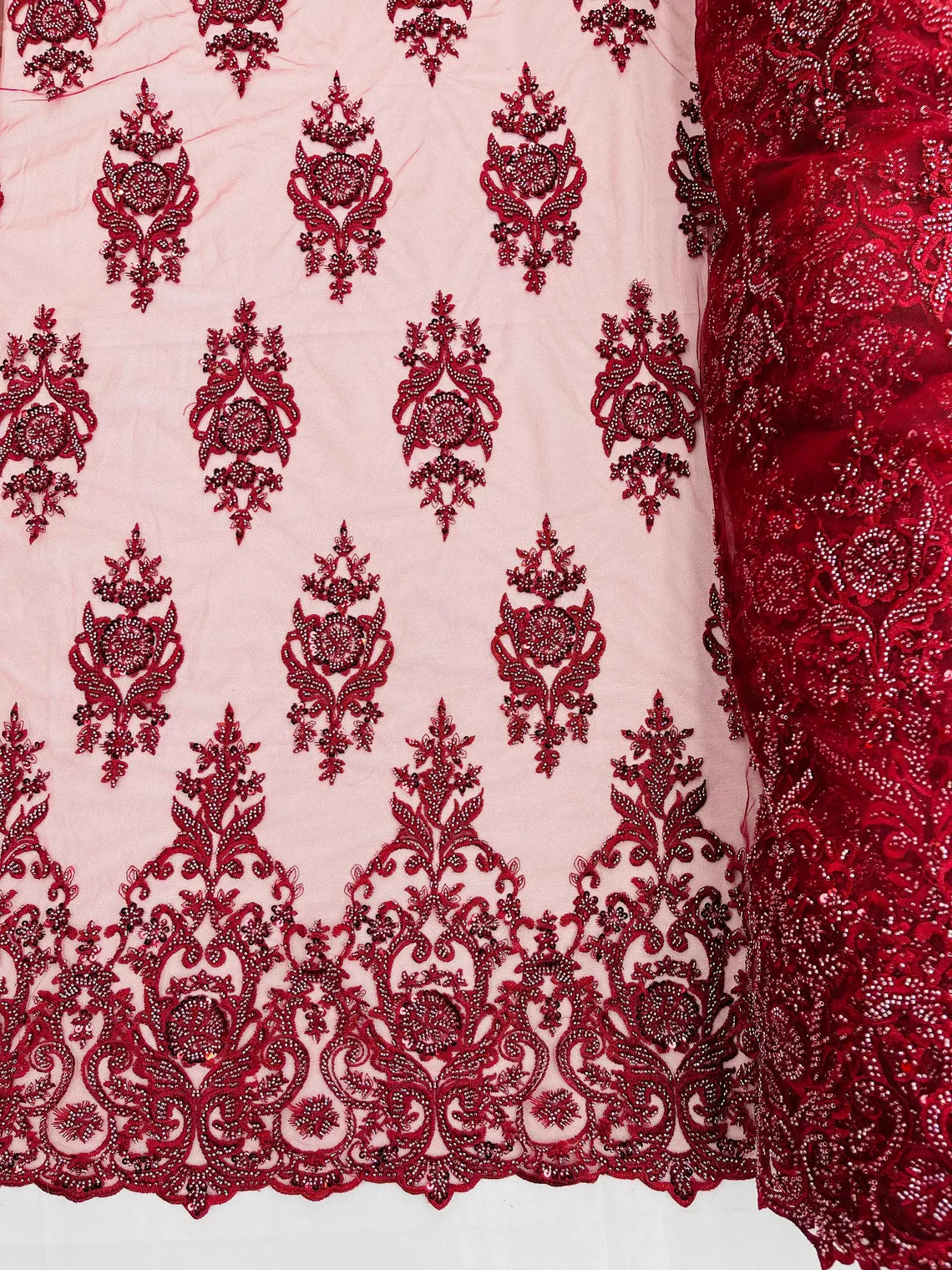 Floral Bead Embroidery Fabric - Burgundy - Damask Floral Bead Bridal Lace Fabric by the yard