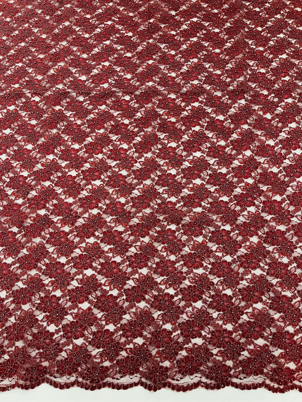 Floral Pearls and Sequins Fabric - Burgundy - Beaded Fabric Embroidered Lace By The Yard