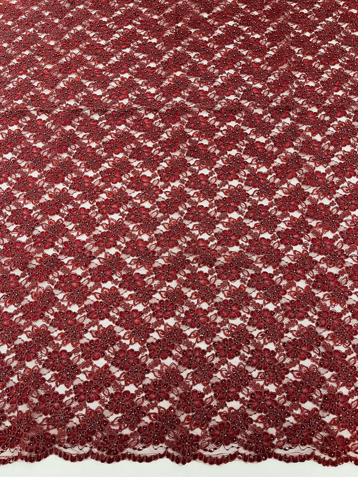 Floral Pearls and Sequins Fabric - Burgundy - Beaded Fabric Embroidered Lace By The Yard