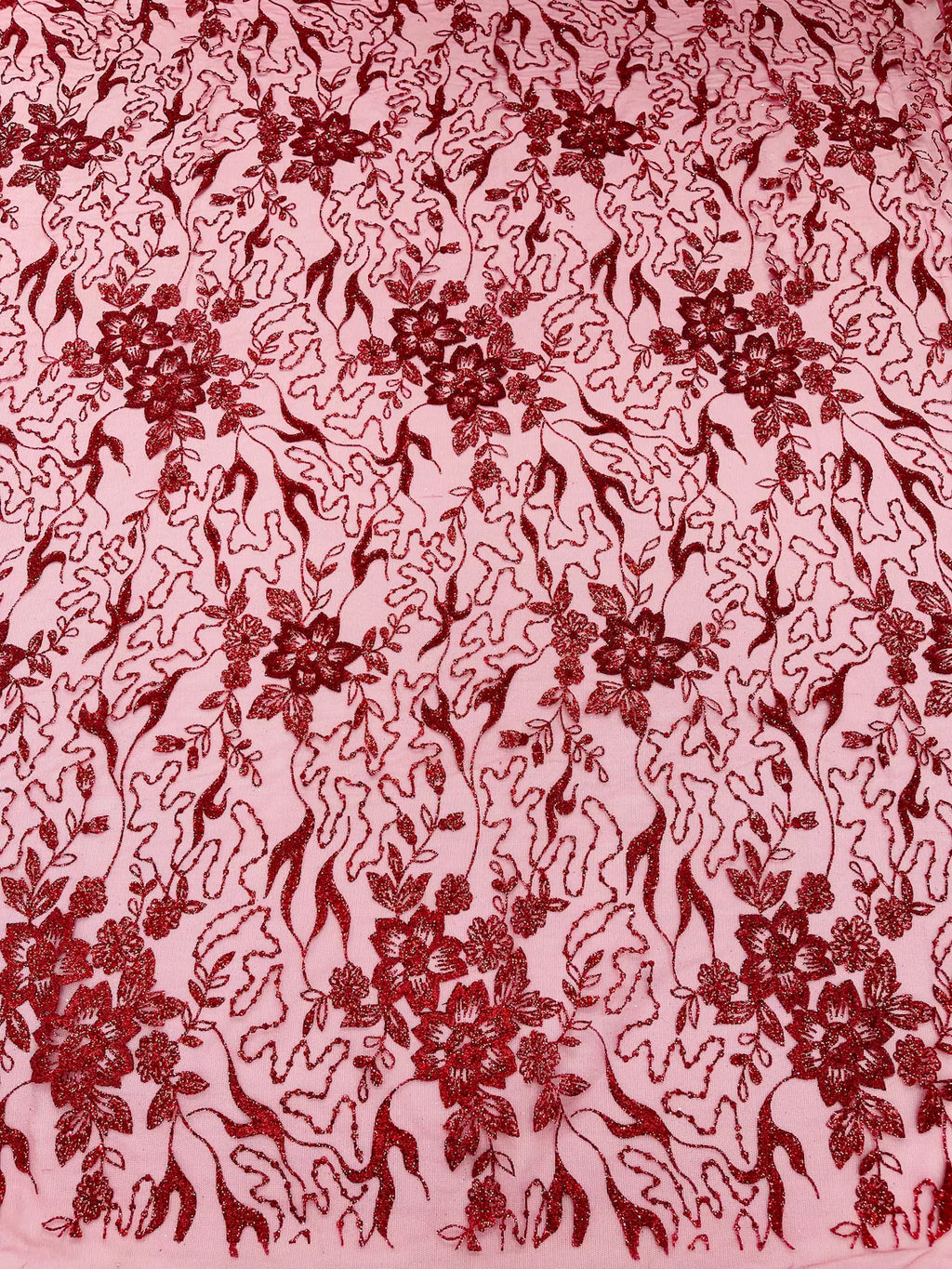 Flower Glitter Fabric - Burgundy - 3D Floral Tulle Fabric for Wedding, Quinceañera By Yard