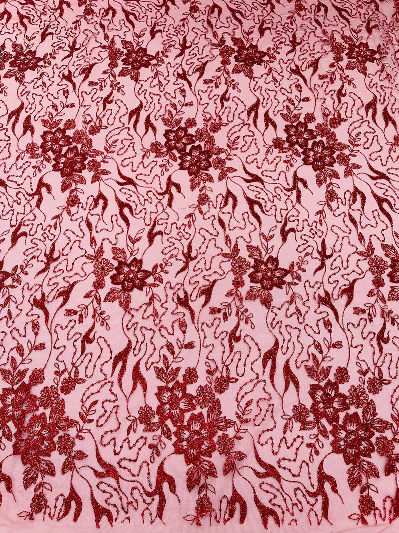 Flower Glitter Fabric - Burgundy - 3D Floral Tulle Fabric for Wedding, Quinceañera By Yard