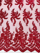 Long Leaf Designs Lace Fabric - Burgundy - Embroidered Braid Leaf Pattern on Lace Mesh Fabric By Yard