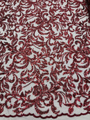 Beaded Flower Leaf Fabric - Burgundy - Shiny Beads and Sequins in Flower Design on Lace by Yard