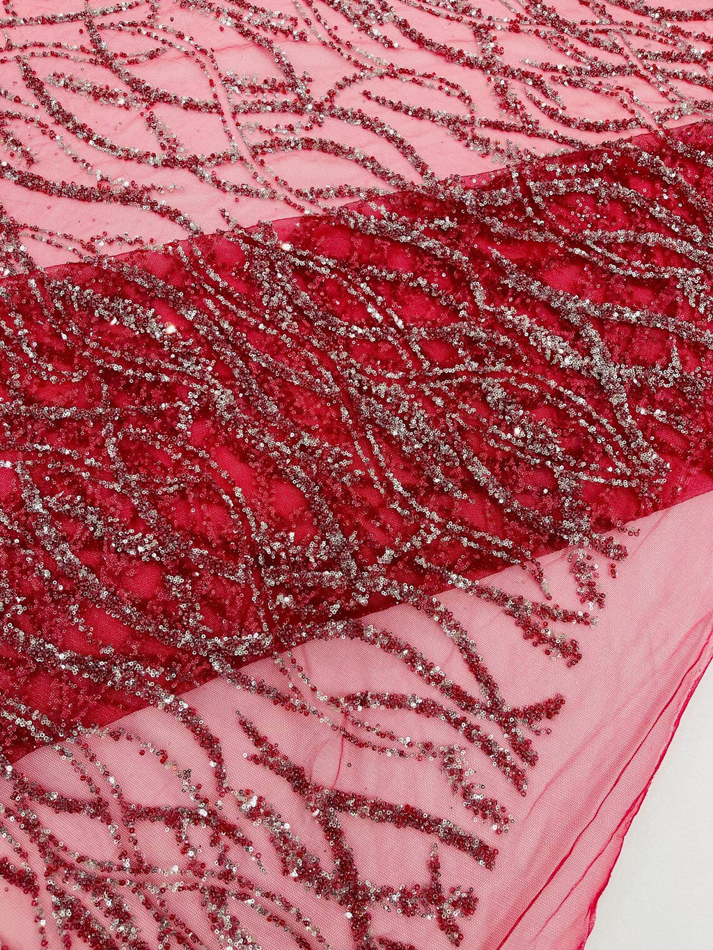 Glitter Wavy Bead Fabric - Burgundy - Sequins, Bead, Glitter Design on Lace Fabric By Yard