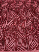 Curvy Line Design Fabric - Burgundy - 4 Way Stretch Sequins Design Mesh Lace Fabric by Yard