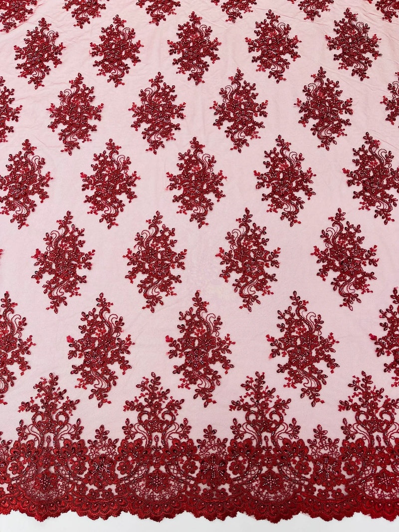 Floral Pearl Bead Fabric - Burgundy - Flower Design with Beads and Sequins Fabric Sold By Yard