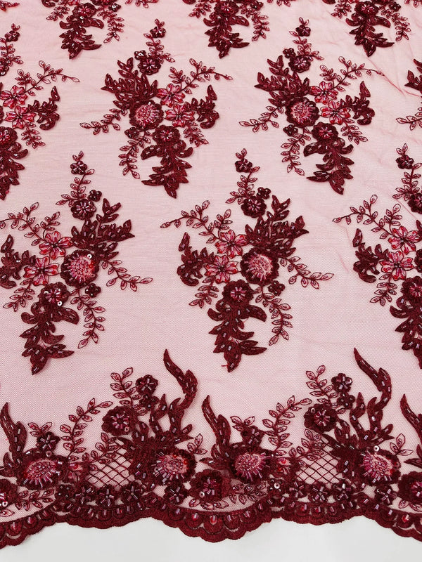 Beaded Flower Sequins Fabric - Burgundy - Embroidered Beaded Floral Clusters Sequins Fabric By Yard