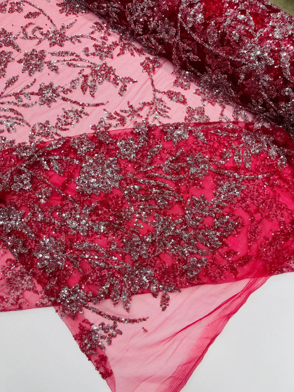 Floral Silver Beaded Fabric - Burgundy - Flower Design with Silver Beads and Sequins on Lace by Yard