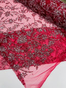 Floral Silver Beaded Fabric - Burgundy - Flower Design with Silver Beads and Sequins on Lace by Yard