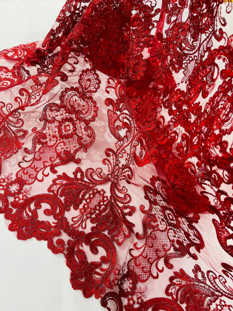 King Lace Pattern Fabric - Burgundy - Embroidered Sequins on Lace Mesh Fabric By Yard