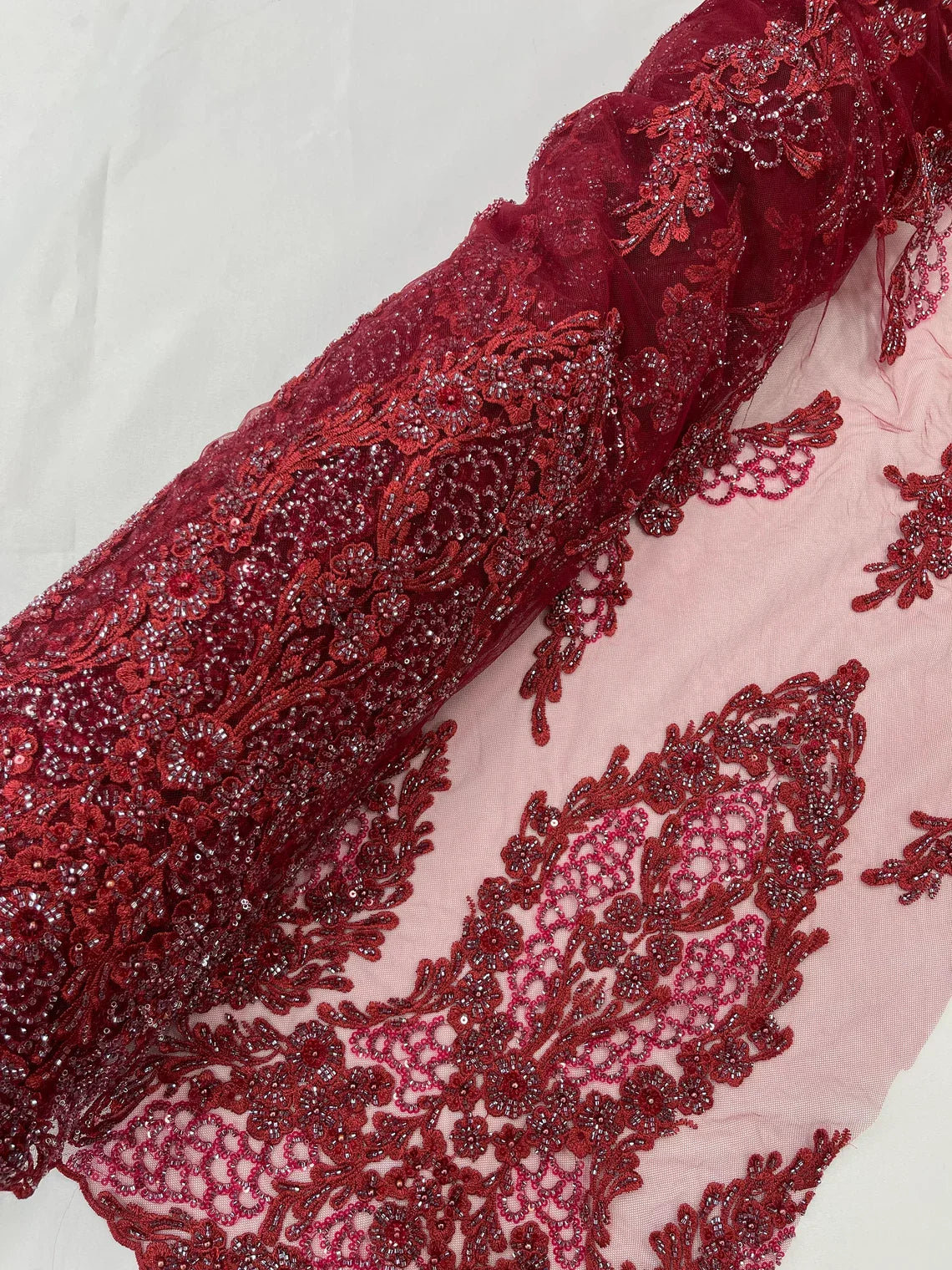 Heavy Bead Floral Fabric - Burgundy - Beaded Flower Design Fabric Fancy Border By Yard