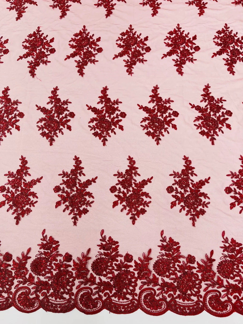 Floral Lace Flower Fabric - Burgundy - Floral Embroidered Fabric with Sequins on Lace By Yard