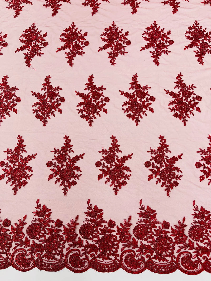 Floral Lace Flower Fabric - Burgundy - Floral Embroidered Fabric with Sequins on Lace By Yard