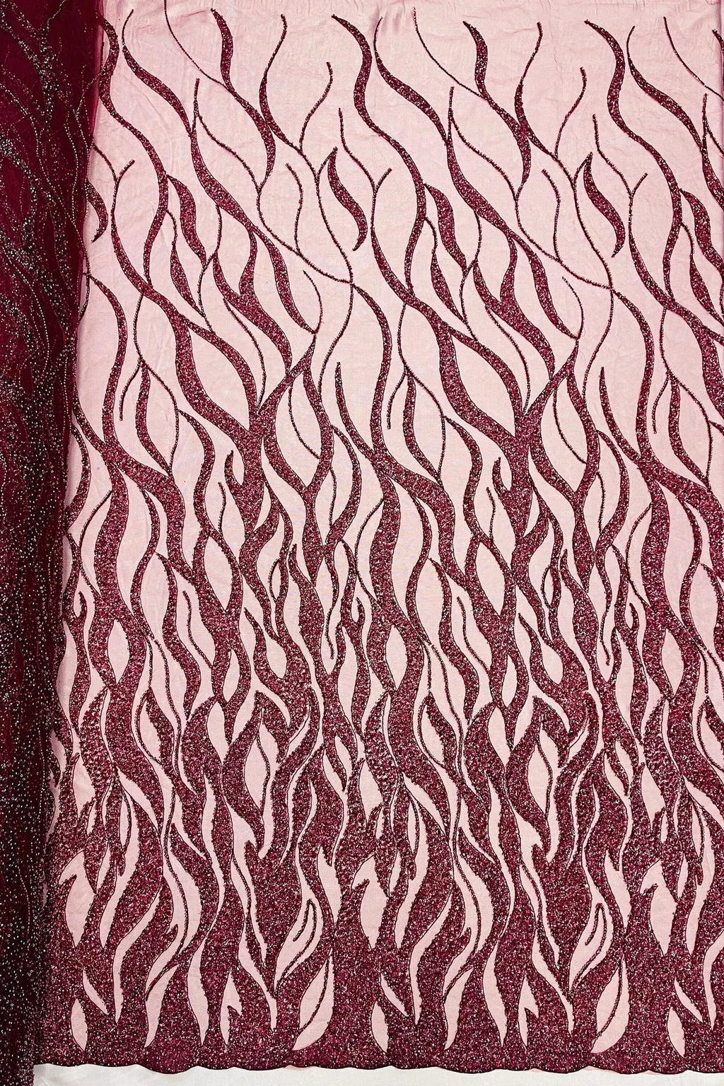 Fire Flames Design Bead Fabric - Burgundy - Beaded Embroidered Fire Pattern Fabric By Yard