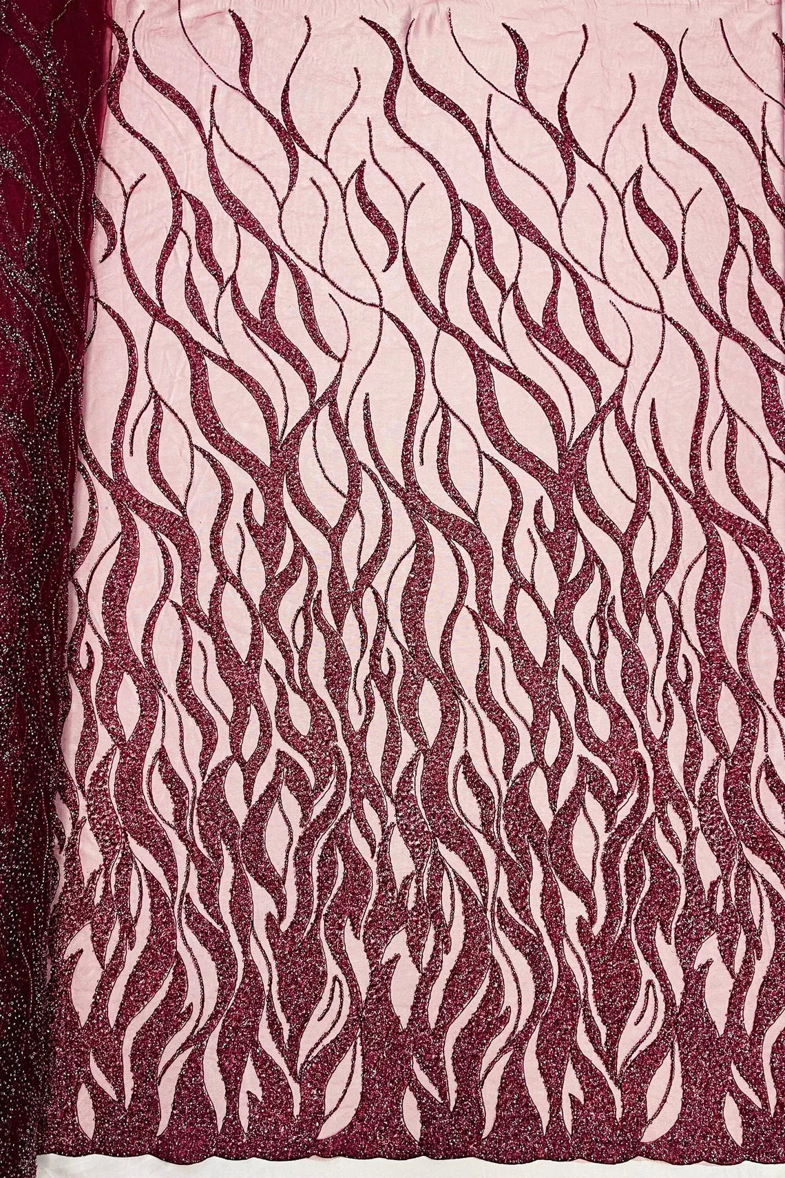 Fire Flames Design Bead Fabric - Burgundy - Beaded Embroidered Fire Pattern Fabric By Yard