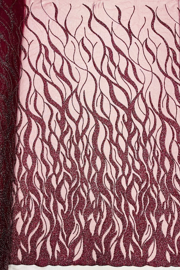Fire Flames Design Bead Fabric - Burgundy - Beaded Embroidered Fire Pattern Fabric By Yard