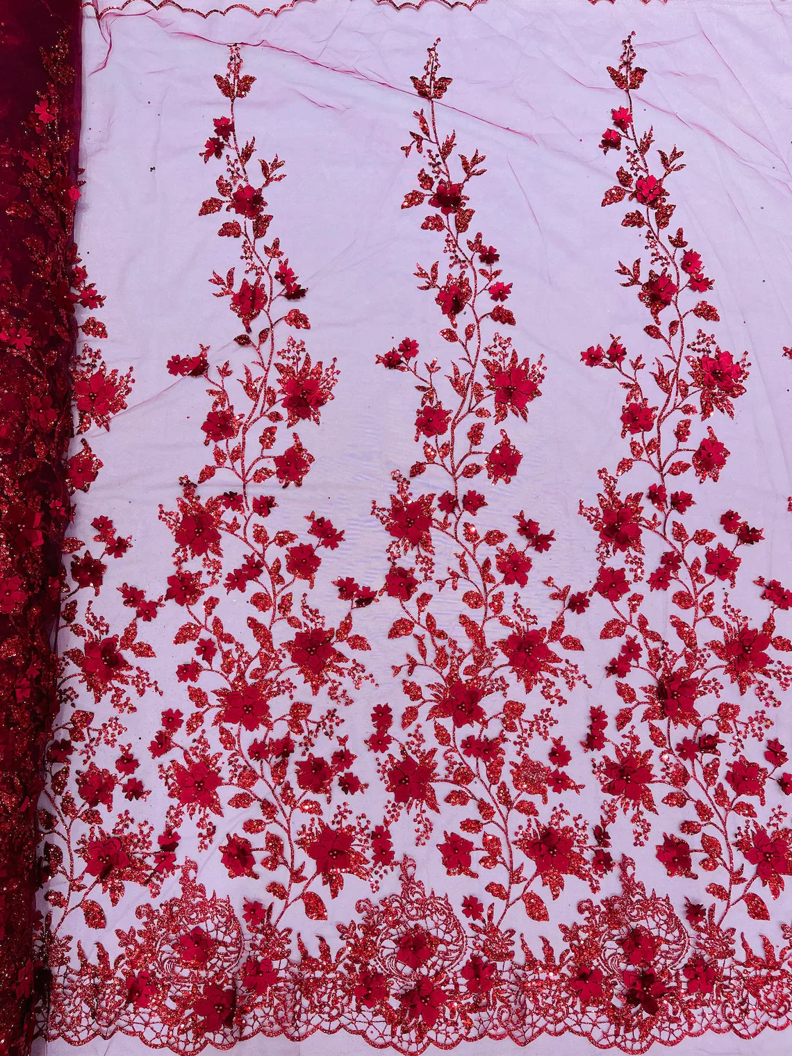 3D Flower Glitter Fabric - Burgundy - Floral Glitter Sequin Design on Lace Mesh Fabric by Yard