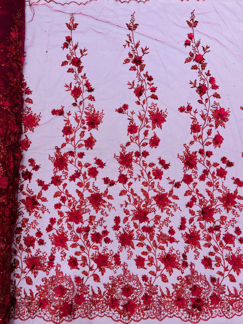 3D Flower Glitter Fabric - Burgundy - Floral Glitter Sequin Design on Lace Mesh Fabric by Yard