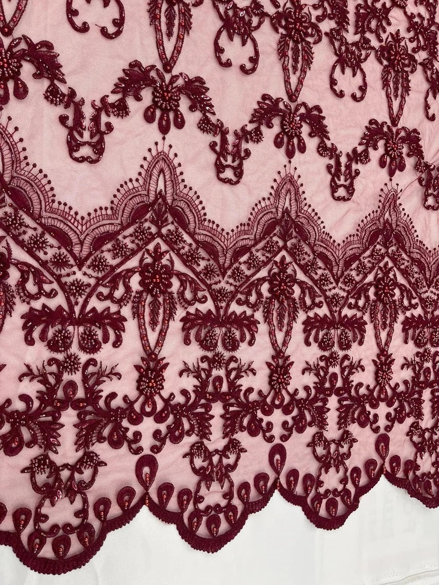 Damask Bead Fabric - Burgundy - Embroidered Glamorous Fabric with Round Beads Sold By Yard