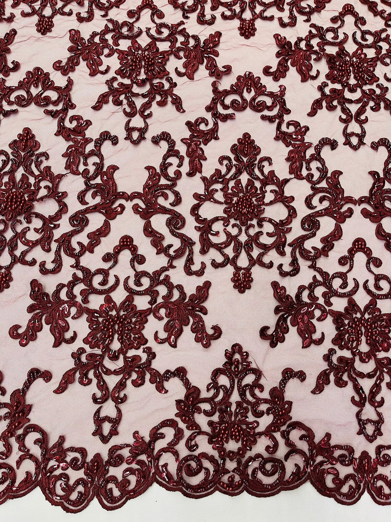 Butterfly Bead Sequins Fabric - Burgundy - Damask Beaded Sequins Lace Fabric by the yard