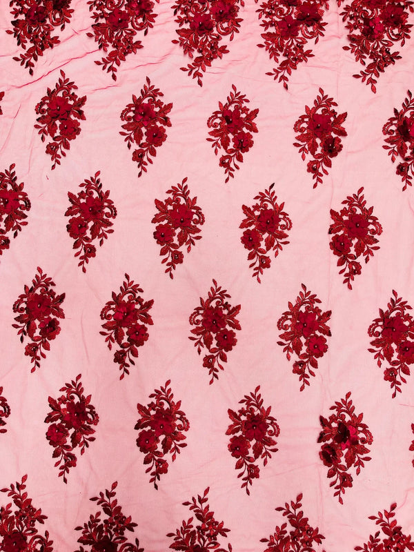 3D Fancy Floral Design Fabric - Burgundy - 3D Flower Fabric with Small Beads on Lace Sold By Yard