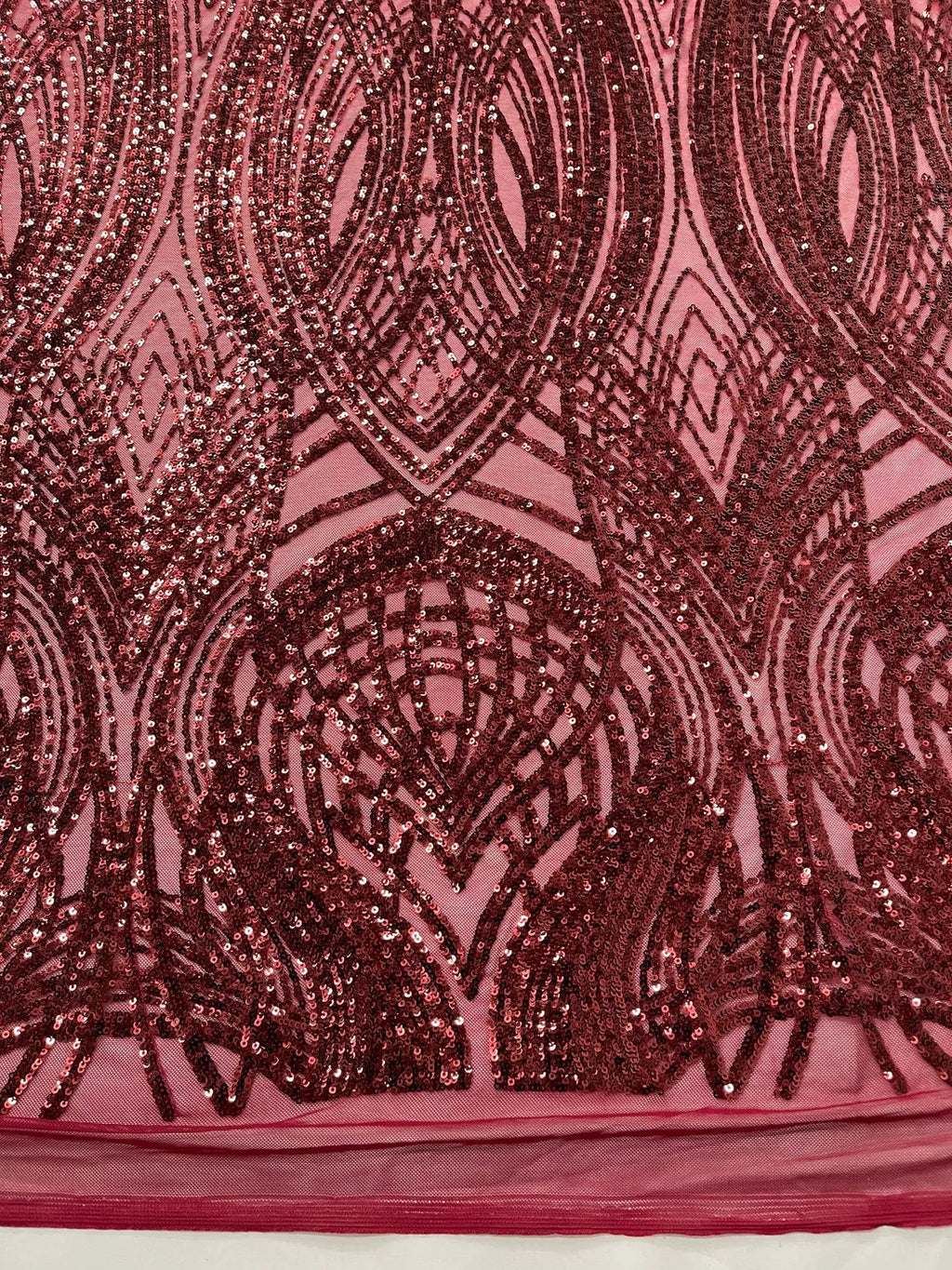 Long Wavy Pattern Sequins - Burgundy - 4 Way Stretch Sequins Fabric Line Design By Yard