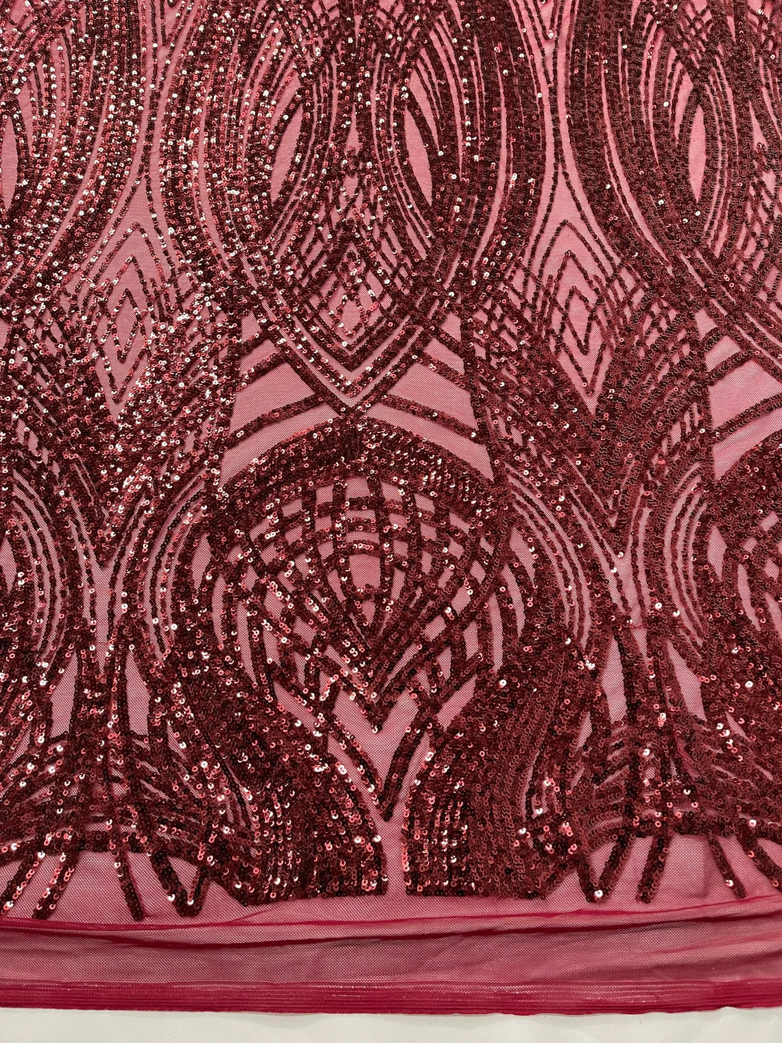 Long Wavy Pattern Sequins - Burgundy - 4 Way Stretch Sequins Fabric Line Design By Yard