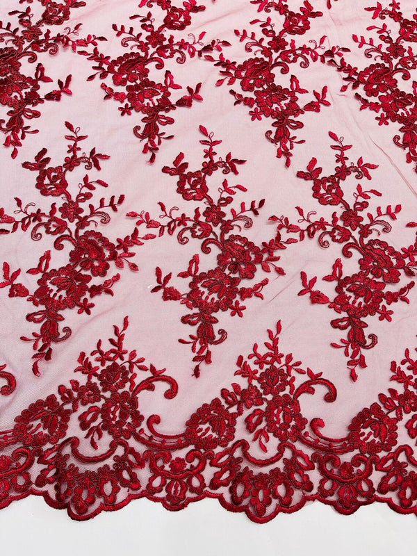 Floral Plant Lace Fabric - Burgundy - Embroidery Flower Small Leaf Design Lace Fabric Sold By Yard