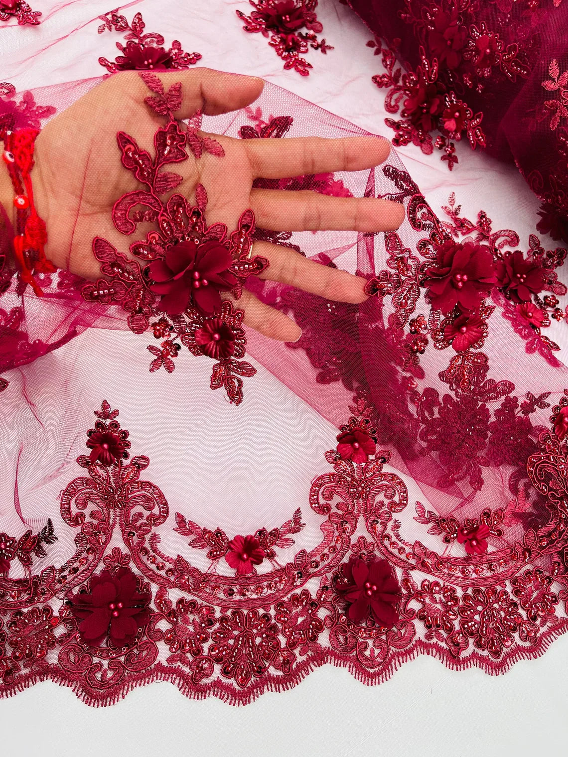 3D Floral Pearl Design - Burgundy - Floral Embroidered Pearls and Sequins Fabric By Yard