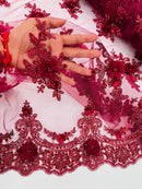 3D Floral Pearl Design - Burgundy - Floral Embroidered Pearls and Sequins Fabric By Yard