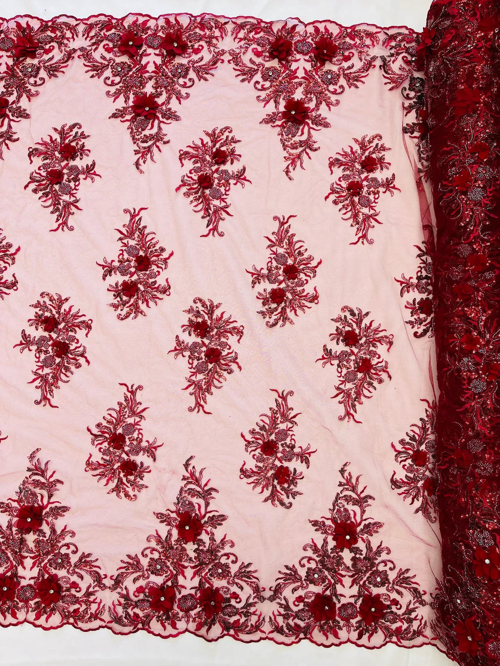 3D Floral Rhinestone Fabric - Burgundy - Beaded Flower Clusters with Rhinestones and Sequins By Yard