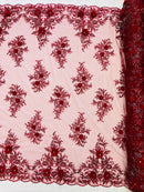 3D Floral Rhinestone Fabric - Burgundy - Beaded Flower Clusters with Rhinestones and Sequins By Yard