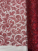 Beaded Swirl Design Fabric - Burgundy - Swirl Design with Beads and Sequins on Lace by Yard
