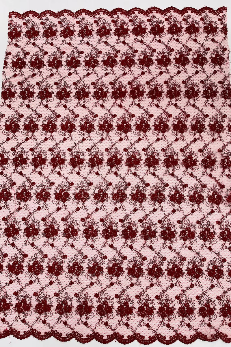 Embroidered Flower Fabric - Burgundy - Floral Design Scalloped Border Fabric By Yard