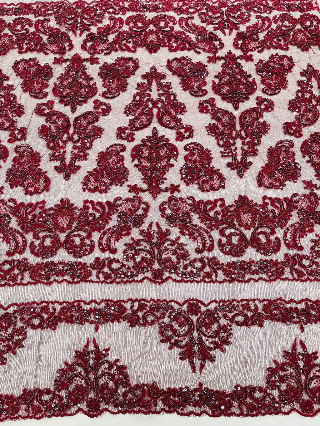 Beaded My Lady Damask Design - Burgundy - Beaded Fancy Damask Embroidered Fabric By Yard