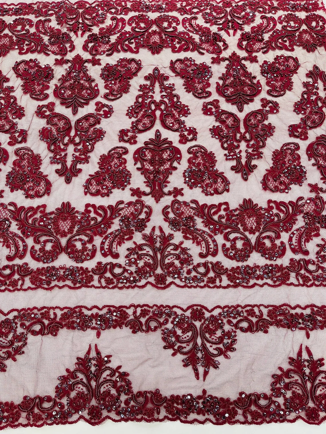 Beaded My Lady Damask Design - Burgundy - Beaded Fancy Damask Embroidered Fabric By Yard