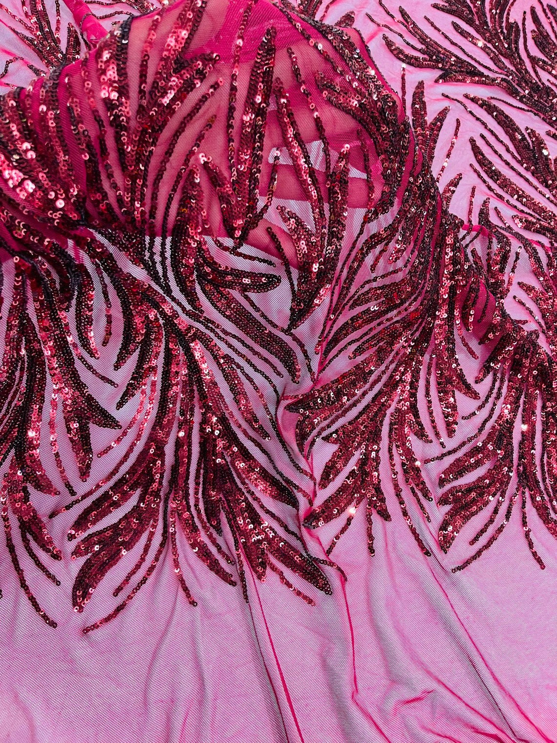 Leaf Design Stretch Sequins - Burgundy - 4 Way Stretch Lace Mesh Sequins Fabric by Yard