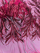 Leaf Design Stretch Sequins - Burgundy - 4 Way Stretch Lace Mesh Sequins Fabric by Yard