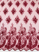 Metallic Corded Lace - Burgundy - Paisley Floral Fabric with Metallic Thread on a Mesh Lace By Yard